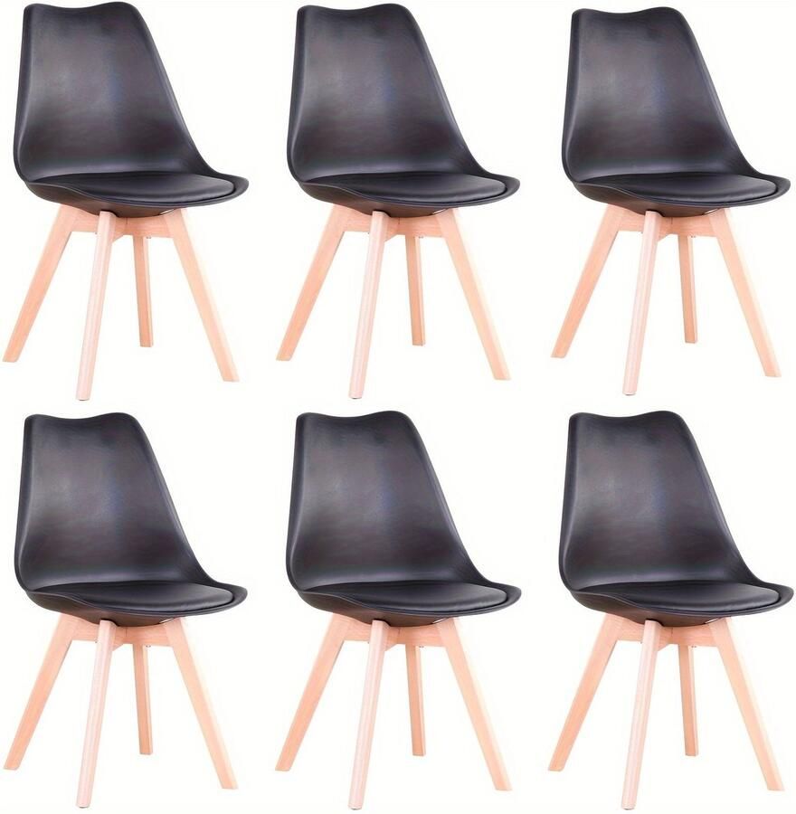 Corenia Eetkamerstoelen – Stoelen – Dining Stoelen – Armloze Stoelen – Scandinavische Stoelen – Set van 6 – Zwart PU-leer – Beukenhouten Poten