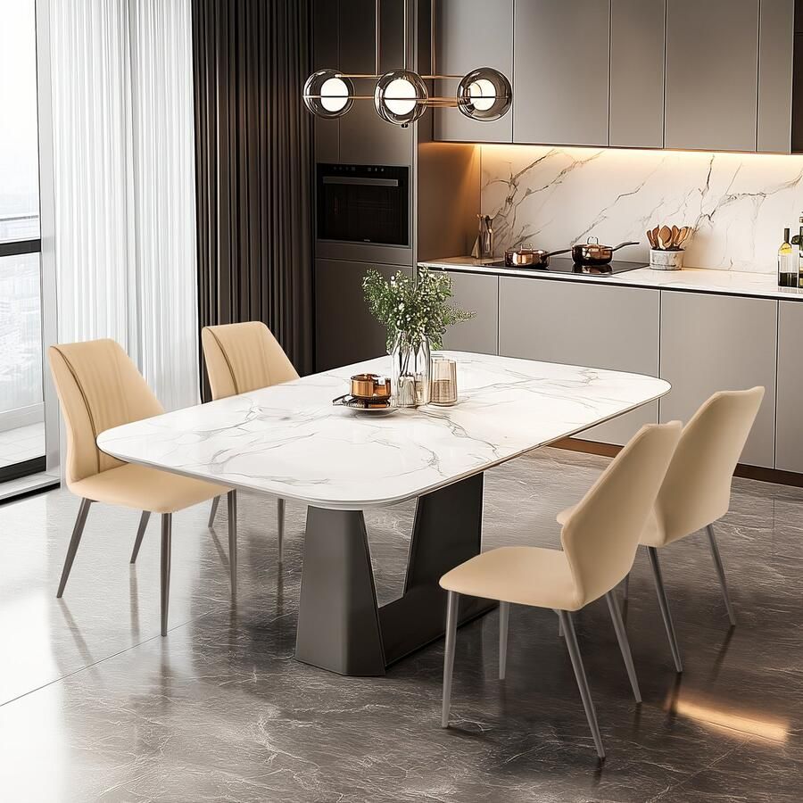 Corenia Eetkamerstoelen – Stoelen – Kuipstoelen – Keukenstoelen – Woonkamerstoelen – Set van 4 – Zachte Microfiber Kunstleren Bekleding – Stabiel Metalen Onderstel Licht Khaki