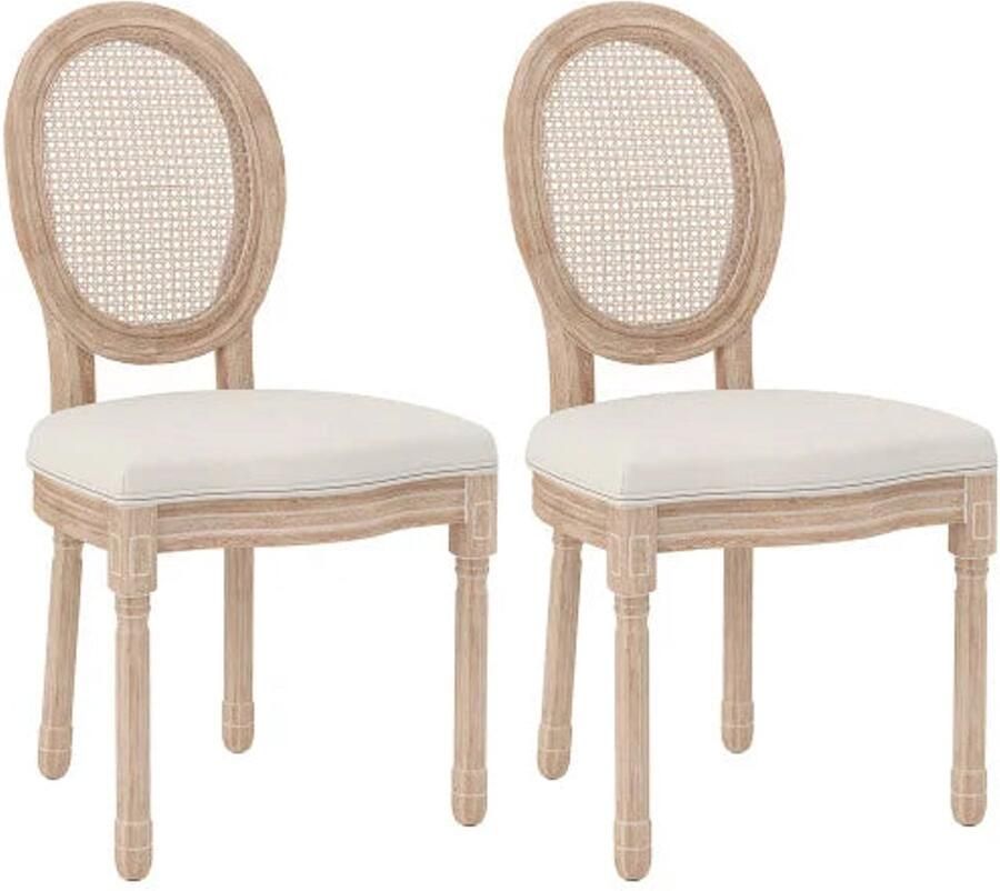 Corenia Eetkamerstoelen – Stoelen – Set Van 2 – Linnen Stoelen – Rotan Rugleuning – Massief Rubberhout – Verstelbare Voetkussens 48 x 57 x 96 cm Crèmewit