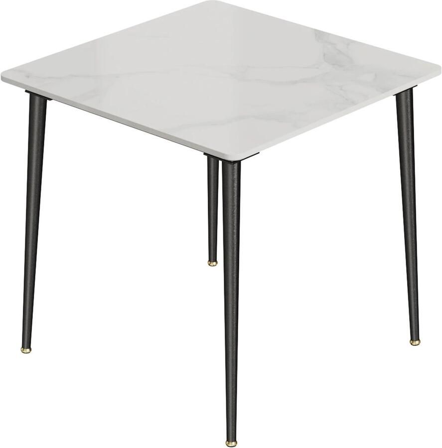 Corenia Eetkamertafel – Marmeren Tafel – Vierkante Eettafel – Compacte Tafel – Sintered Stone Blad – Robuuste Metalen Poot – 80x80 cm Glanzend wit