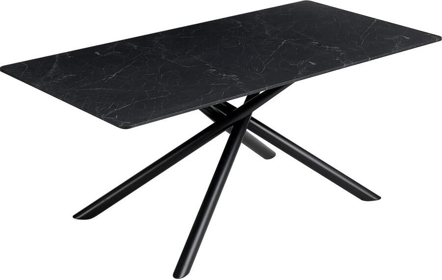 Corenia Eettafel – Dinertafel – Tafel – Eetkamertafel – Rechthoekige Blad – Imitatiesmarmeren Blad – Kruisframe Metaal 180 x 90 x 76.5 cm Zwart