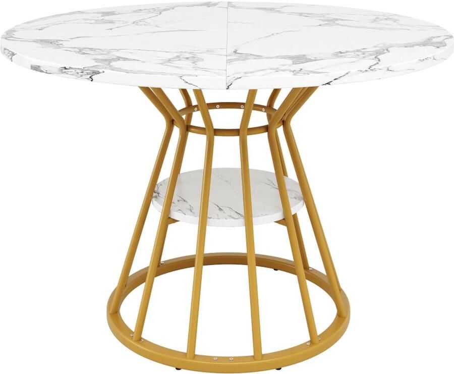 Corenia Eettafel – Eetkamertafel – Keukentafel – Ronde Tafel – Ontbijttafel – Rond Marmerprint Wit Blad – Gouden Metalen Poten – Ruimtebesparend – Duurzaam MDF & Metaal