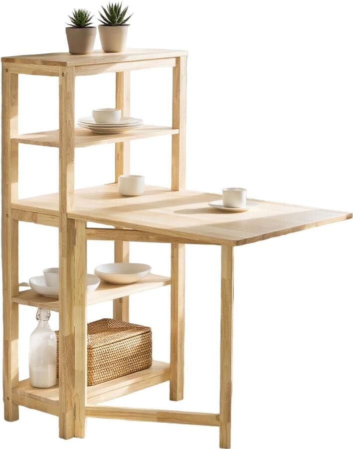 Corenia Eettafel – Klaptafel – Keukentafel – Werktafel – Bar tafel – Massief Hevea Hout – Inklapbaar met Opbergruimte