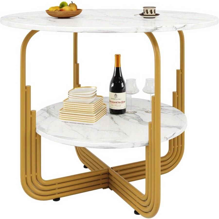 Corenia Eettafel – Ronde Tafel – Dinertafel – Keukentafel – Bistrotafel – Wit Marmerlook Blad – Goudkleurig Metalen Frame – Ø 80 x 76 cm – Inclusief Opbergplateau