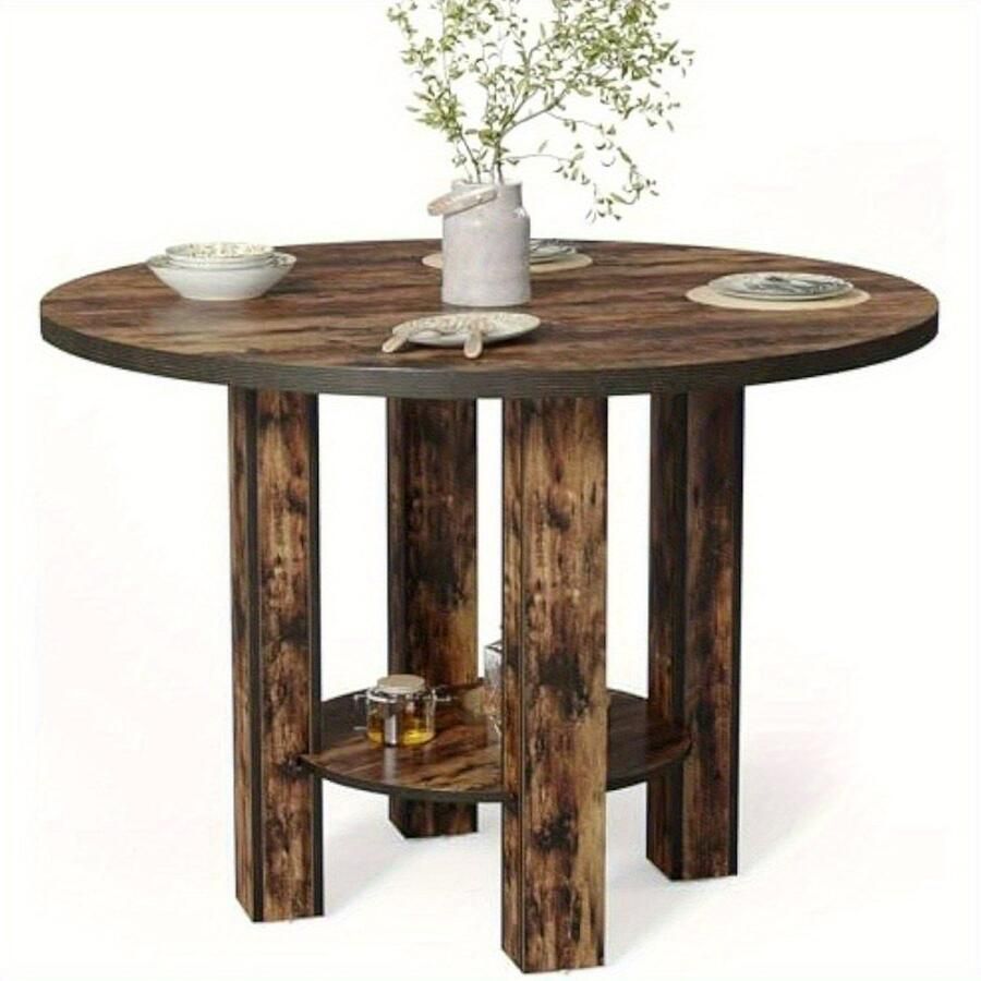 Corenia Eettafel – Ronde Tafel – Keukentafel – Eetkamertafel – Tafel – Compact Ontwerp – Opbergruimte Onderblad – Krasbestendig – Stevige Houtlook – 100 cm – Bruin Rustiek