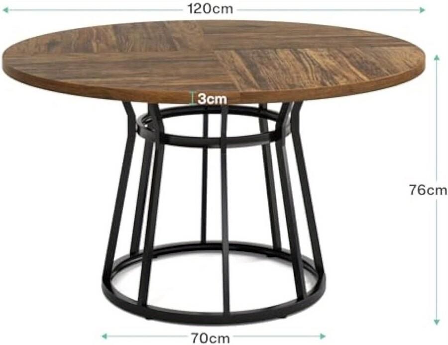 Corenia Eettafel – Ronde Tafel – Keukentafel – Eetkamertafel – Tafeltje – 120 cm Diameter – Bruin Houten Blad – Zwart Metalen Onderstel – Verstelbare Voeten – Vintage Design
