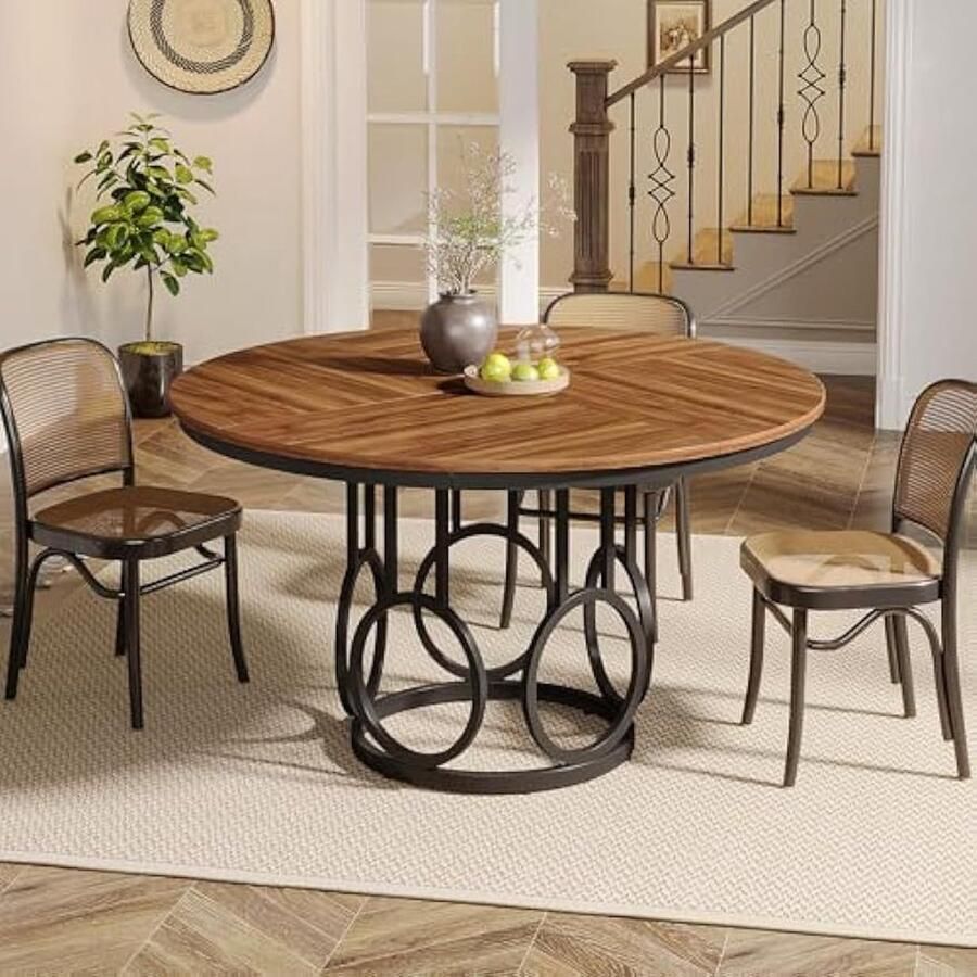 Corenia Eettafel – Ronde Tafel – Keukentafel – Eetkamertafel – Woonkamertafel – 120 cm Diameter – Stevig Metaal Onderstel – Bruin MDF Tafelblad Met Houtnerf