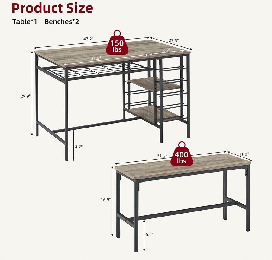Corenia Eettafel Set 3-Delig – Keukentafel – Tafel Met Bank – Bistro Set – Kleine Eettafel – Compact Ontwerp – Hardhouten Blad & Wijnrek – Zwart Metalen Frame – Ruimtebesparend Voor Kleine Woonruimtes