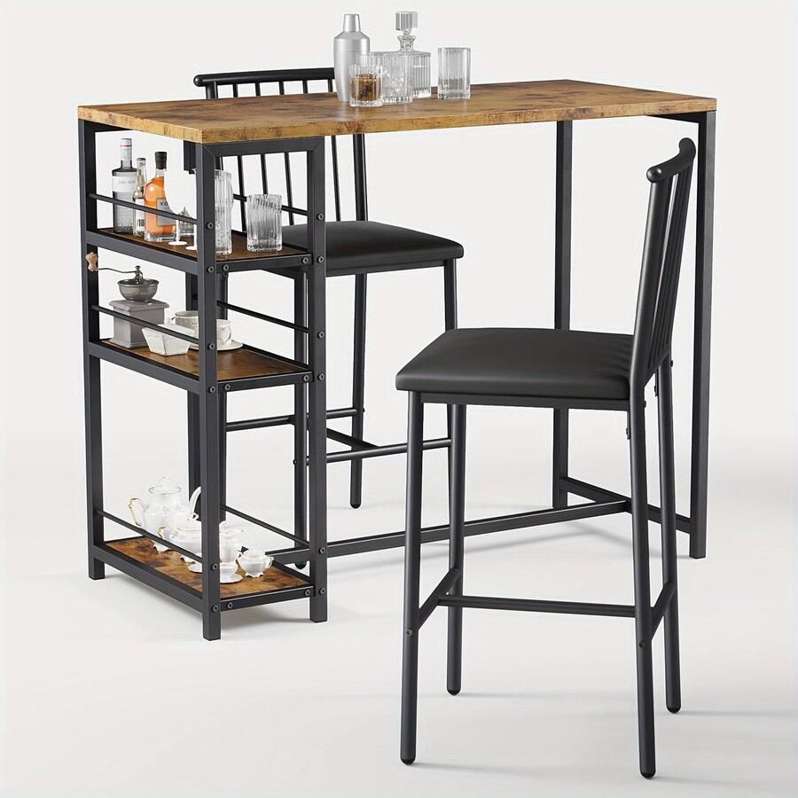 Corenia Eettafel Set – Eettafel Met Stoelen – Dinerset – Tafel Met 2 Stoelen – Retro Zwart – Compact En Praktisch – Massief Hout En Kunstplaat