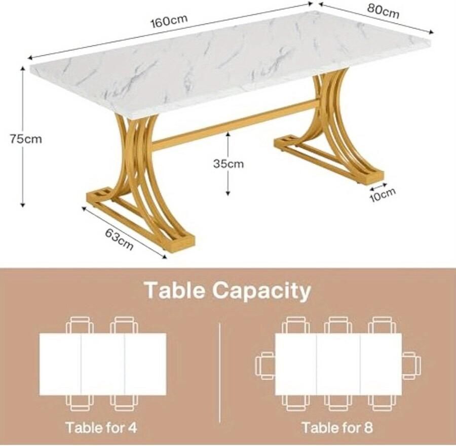 Corenia Eettafel – Tafel – Dinertafel – Keukentafel – Vergadertafel – Modern – Wit & Goud – 160x80 cm – Stevige Metalen Poten – Faux Marmeren Tafelblad