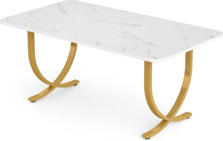 Corenia Eettafel – Tafel – Eetkamertafel – Bureau – Ontbijttafel – 160 Cm – Marmerlook – Gouden Metalen Poten Wit