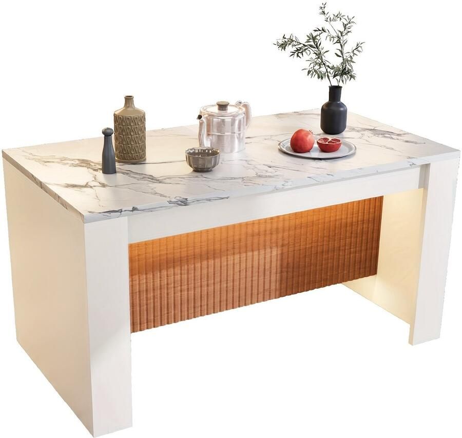 Corenia Eettafel – Tafel – Keukentafel – Dining Table – Eetkamertafel – Wit Imitatie Marmer – Modern Grille Onderstel – 160x80 cm – Draagvermogen 300 kg