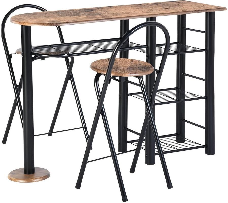 Corenia Eettafel – Tafel – Keukentafel – Eethoek – Kloostertafel – Industrieel Design – Massief Hout Met Opbergruimte – Inklapbare Krukjes – Bruin