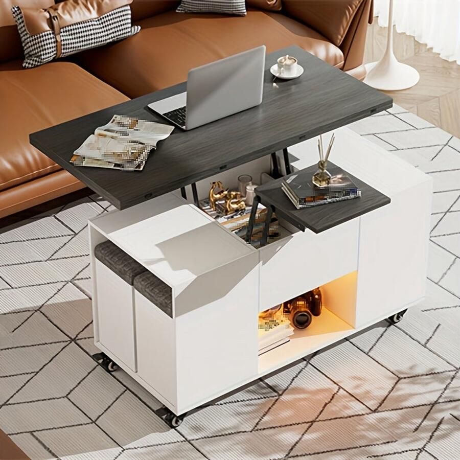 Corenia Eettafel – Uitschuifbare Tafel – Verhoogbare Salontafel – Verstelbare Werktafel – Tafeltje Met Krukken – Met Opbergruimte – Stevig Metalen Frame – Modern Grijs