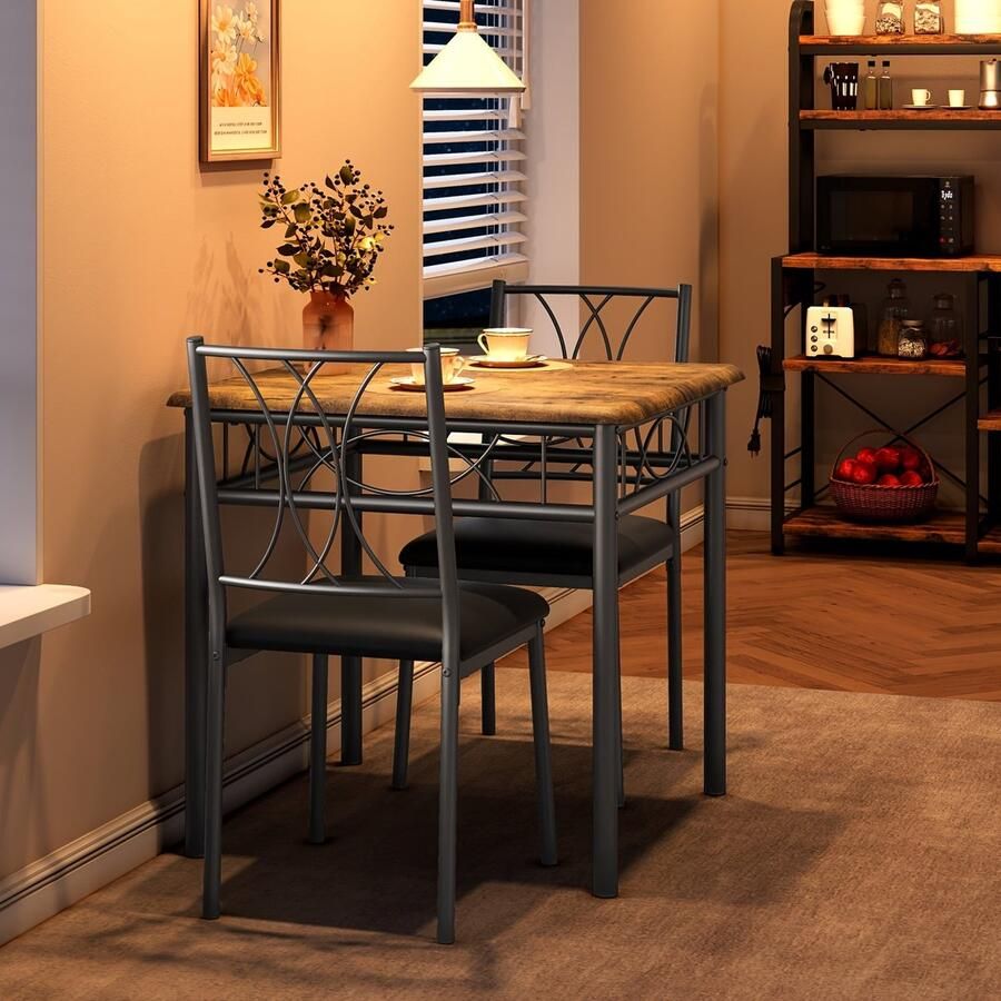 Corenia Eettafelset 2 Personen – Bistroset – Keukentafel Set – Diningset – Compact Meubel – Retro Bruin – Comfortabele Gestoffeerde Stoelen – Compact Vierkante Tafel