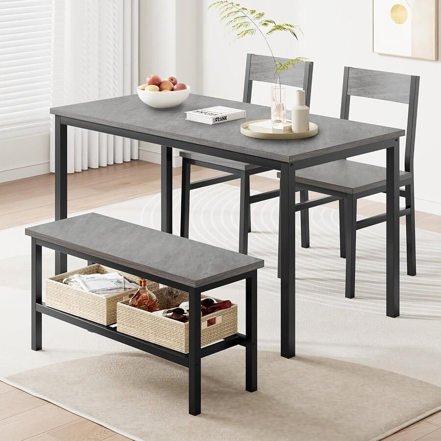 Corenia Eettafelset 4 Personen – Eettafel Met Stoelen – Dinerset – Keukentafelset – Zitgroep – Modern Zwart Metaal Frame – Inclusief Opbergrek – Compact Voor Kleine Ruimtes