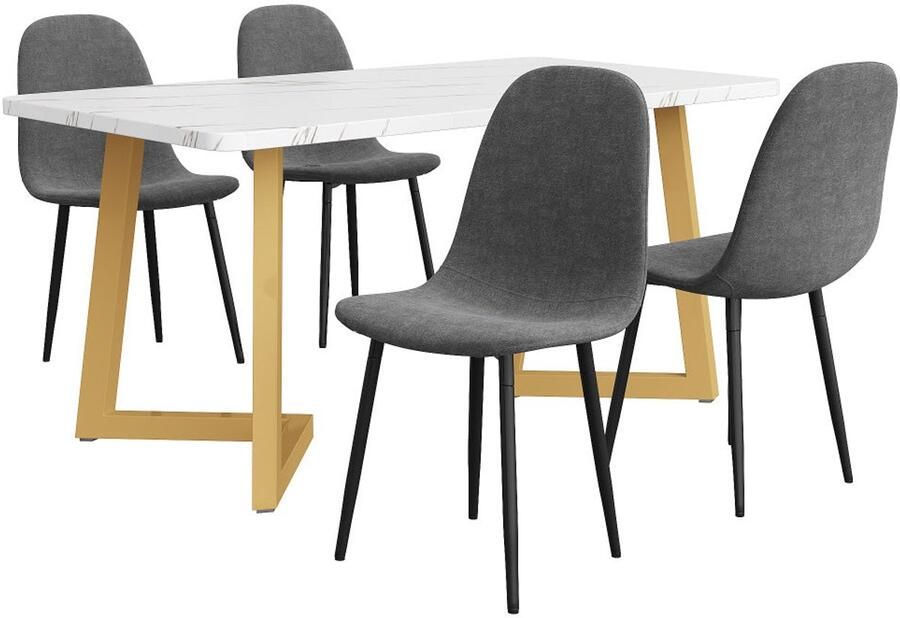 Corenia Eettafelset – Eethoek – Keukentafelset – Zitgroep – Eetkamertafel – Modern Design – Wit MDF Tafelblad met Gouden Metalen Poten – 4 Stoelen met Grijze Linnen Bekleding