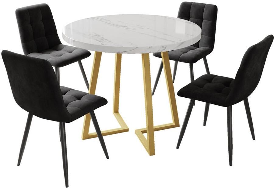 Corenia Eettafelset – 5-delig – Ronde Eettafel – Keukentafel – Stoelenset – Compact Diner – Ø80 cm – Wit MDF Tafelblad – Zwarte Fluwelen Stoelen
