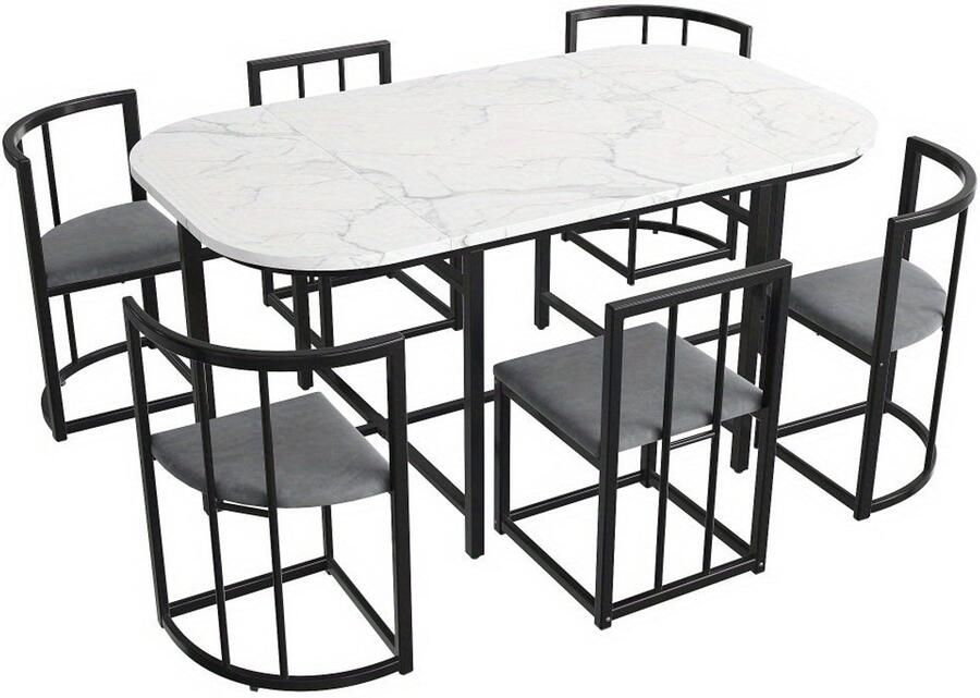 Corenia Eettafelset 6 Personen – Dining Table Set – Eetkamerset – Tafeltje Met Stoelen – Restaurantmeubilair – Modern Design – Wit MDF Blad – Zwart Metalen Frame – Comfortabele Grijze Stoelen – Duurzaam & Stevig