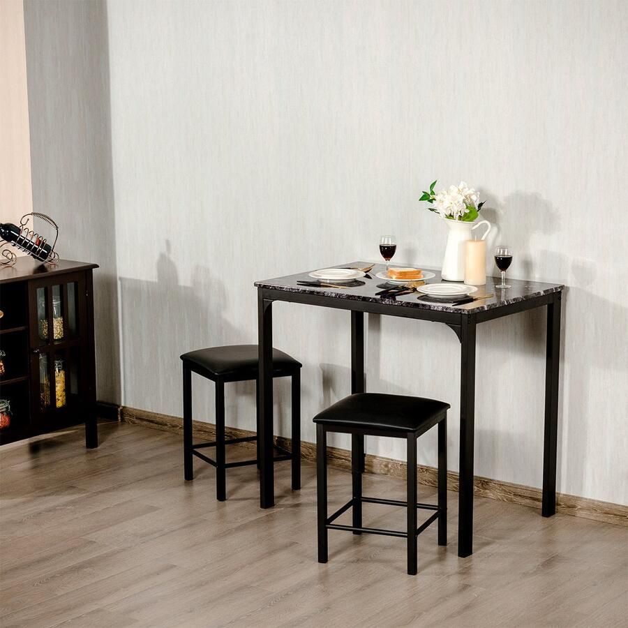 Corenia Eettafelset – Barkrukset – Barset – Hoge Tafel Met Krukken – Zwart Met Marmerlook – Compact En Ruimtebesparend – Comfortabele Schuimkussens