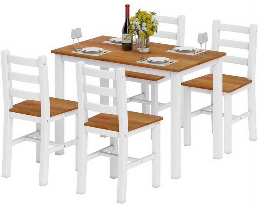 Corenia Eettafelset – Dinerset – Houten Tafel Set – Eetkamerset – Massief Hout – Stevig Massief Dennenhout – Modern Bruin-Witte Afwerking