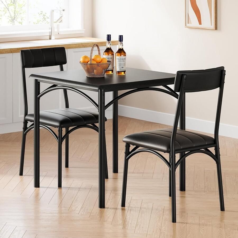 Corenia Eettafelset – Dinerset – Tafel Met Stoelen – Eettafel Met Stoelen – Compacte Eetset – Industrieel Design – Matzwart MDF Tafelblad – Gestoffeerde Slat-back Stoelen