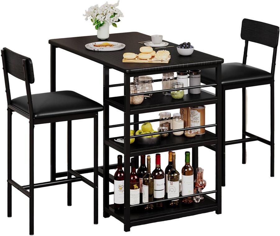 Corenia Eettafelset – Dining Set – Keukentafelset – Tafel met Stoelen – Bistro Set – Compact 3-Delig – Zwart Bruin Metaal – Comfortabele Gestoffeerde Stoelen – Makkelijk Schoon Te Maken