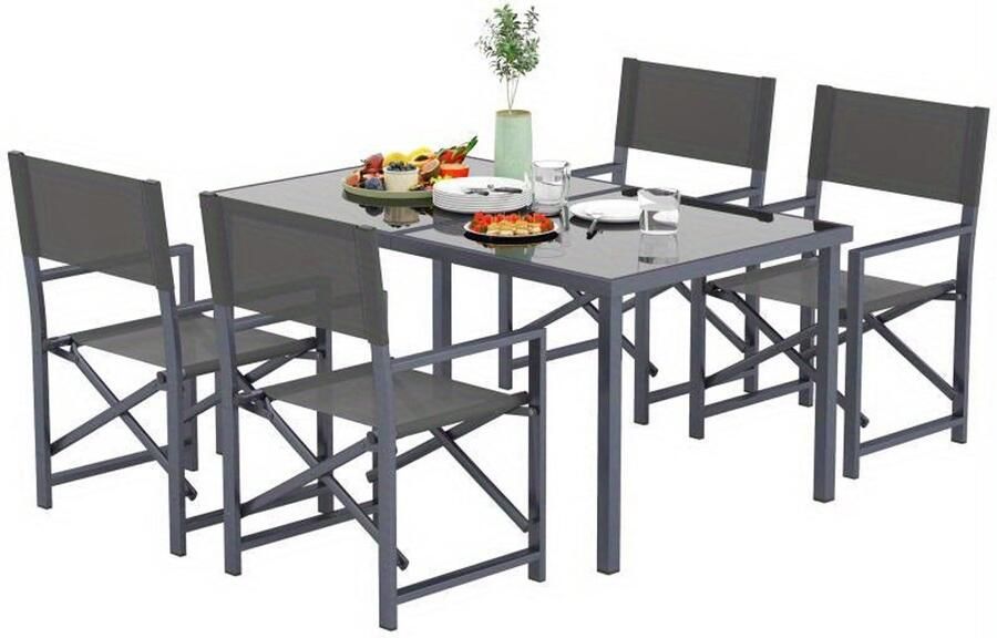 Corenia Eettafelset – Eethoek – Keukentafelset – Balkonset – Zitgroep – 5-delig – Inklapbare Stoelen – Gehard Glas Tafelblad – Stalen Frame – Modern Grijs