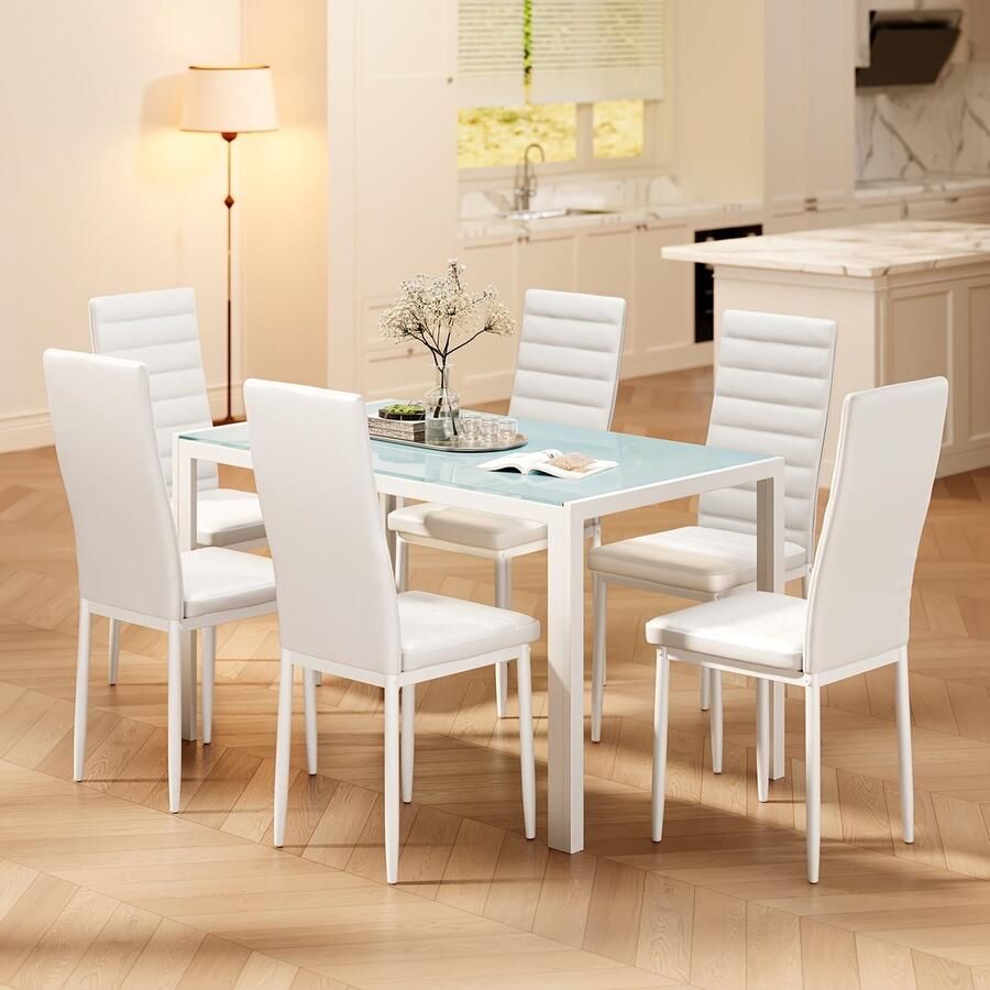 Corenia Eettafelset – Eethoek – Zitgroep – Keukentafelset – Eetkamermeubel – Ronde 6-persoons – Tempered Glass Tafelblad – Gestoffeerde Stoelen – Ruimtebesparend – Modern Design