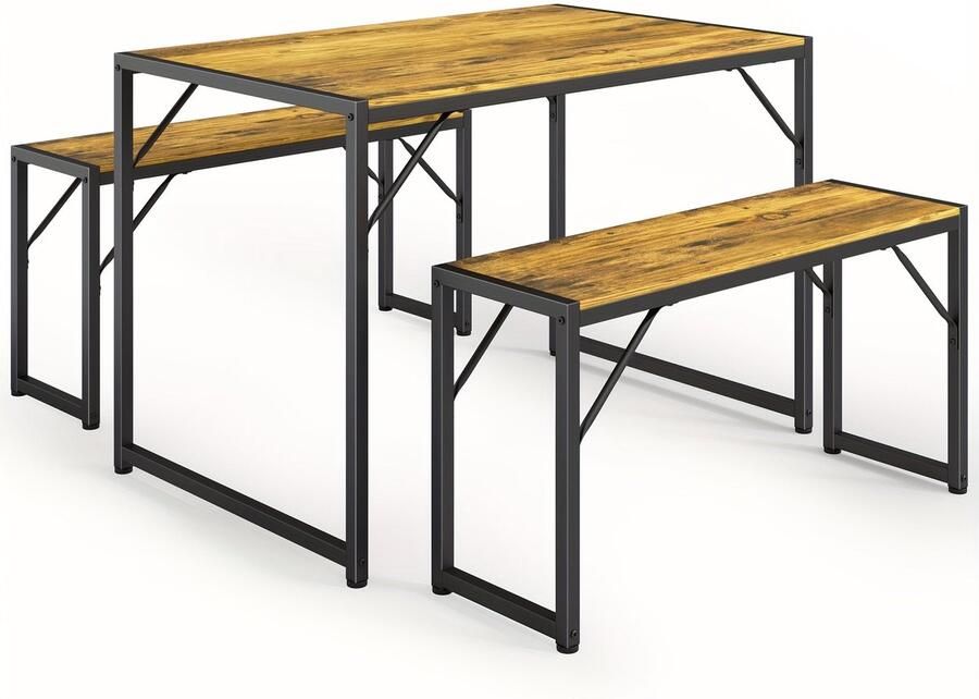 Corenia Eettafelset – Eetkamerset – Eethoek – Keukentafelset – Tafel met banken – Waterafstotend tafelblad – Industrieel stalen frame – Vintage kleur