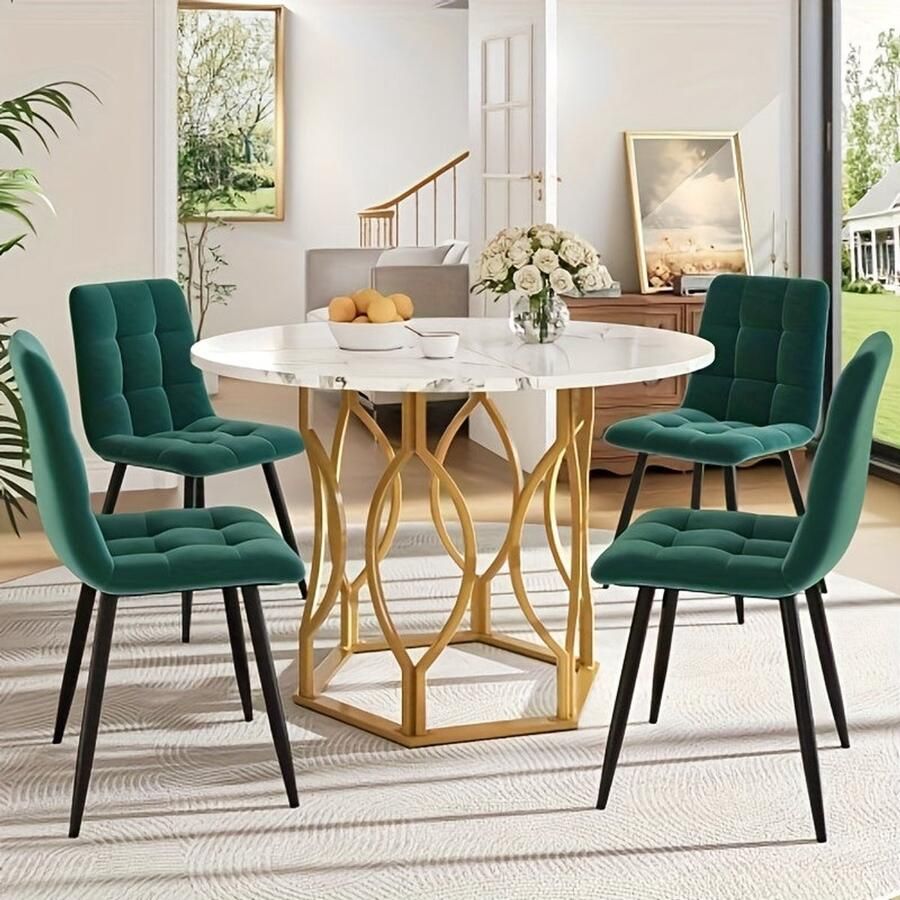 Corenia Eettafelset – Eetkamerset – Keukentafelset – Ronde Tafel – Stoelenset – 100 cm Diameter – Wit Tafelblad met Gouden Metalen Poten – Donkergroene Fluwelen Stoelen
