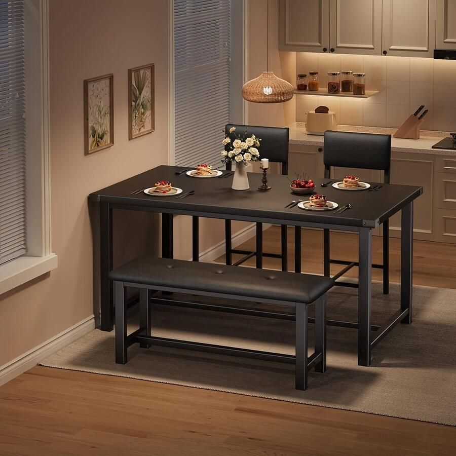 Corenia Eettafelset – Eetkamerset – Keukentafelset – Zitgroep – Meubelset – Rechthoekig – Zwart Hout – Inclusief 2 Gestoffeerde Stoelen en Bank – Compact Voor 4 Personen