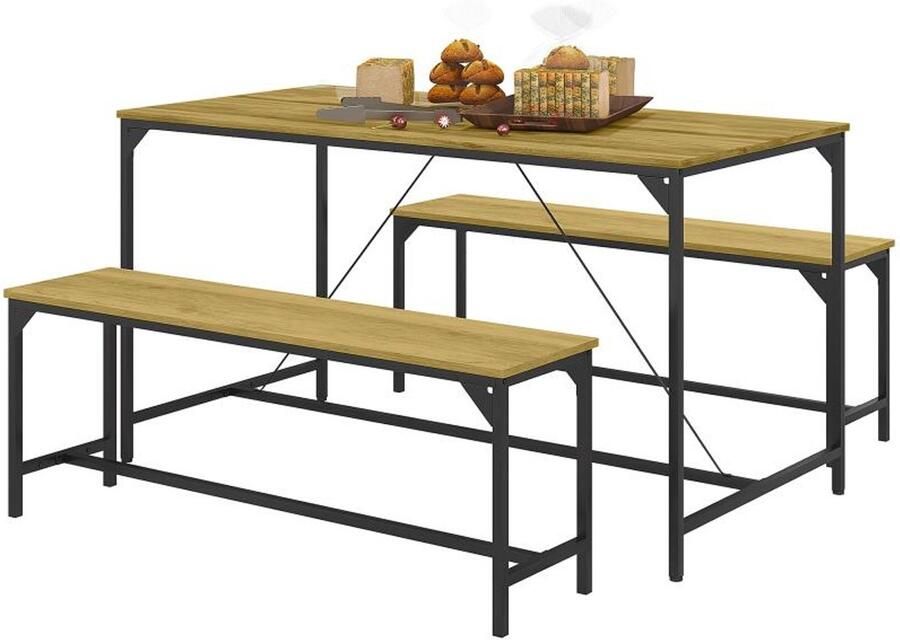 Corenia Eettafelset – Eettafel – Eetkamer Tafel – Keukentafel – Zitgroep – Stijlvol Ontwerp – MDF En Massief Hout – 4 Personen – Met 2 Banken
