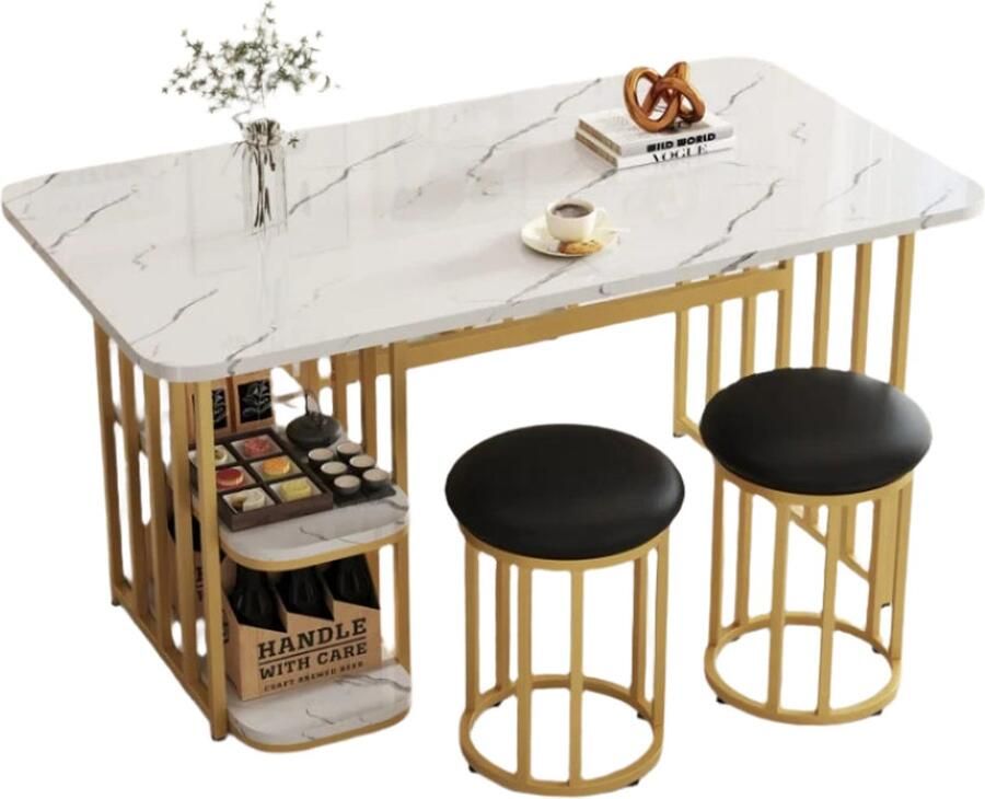 Corenia Eettafelset – Eettafel Met Opbergruimte – Tafel Met Stoelen – Witte Tafel – Gouden Poten – 140x80x75 Cm – Metalen Onderstel