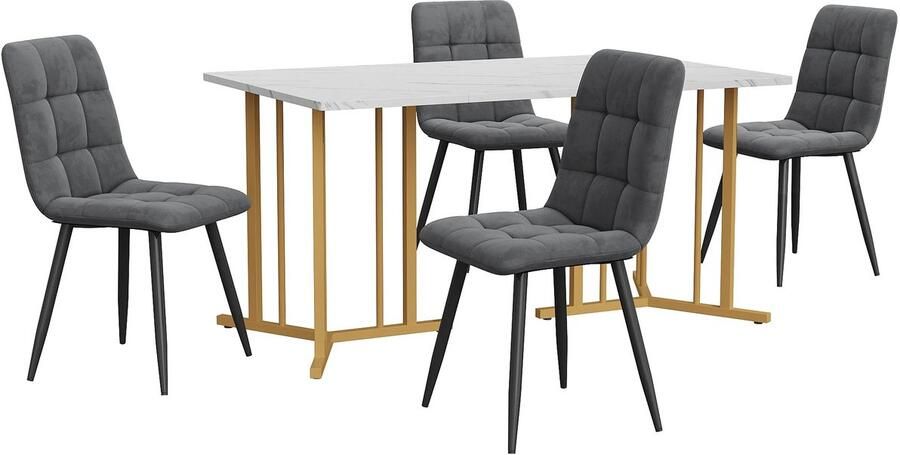 Corenia Eettafelset – Eettafel Met Stoelen – Dinerset – Fluwelen Stoelen – 140x80 Cm Tafel – Verstelbare Pootjes – Metalen Frame Grijs & Goud