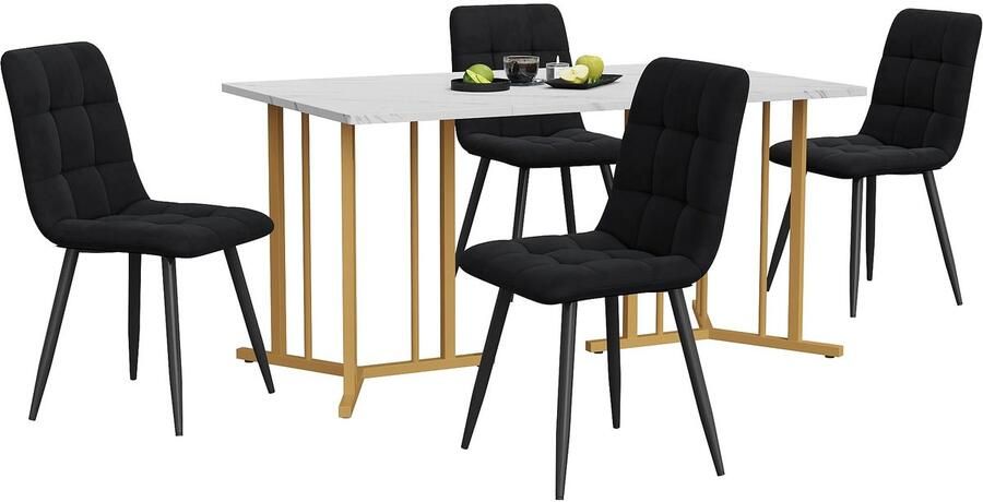 Corenia Eettafelset – Eettafel Met Stoelen – Dinerset – Fluwelen Stoelen – 140x80 Cm Tafel – Verstelbare Pootjes – Metalen Frame Zwart & Goud