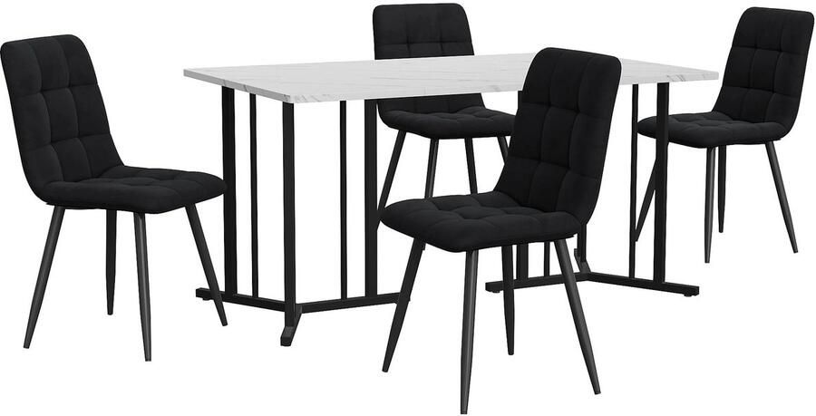 Corenia Eettafelset – Eettafel Met Stoelen – Dinerset – Fluwelen Stoelen – 140x80 Cm Tafel – Verstelbare Pootjes – Metalen Frame Zwart
