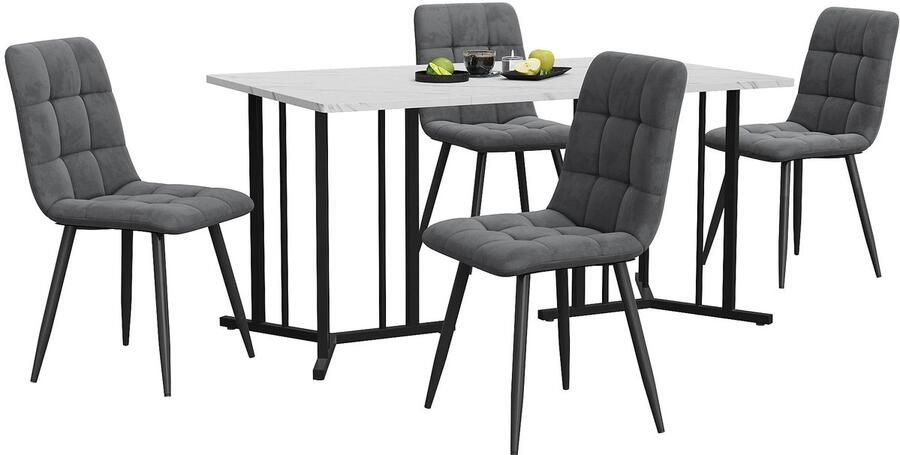 Corenia Eettafelset – Eettafel Met Stoelen – Dinerset – Fluwelen Stoelen – 140x80 Cm Tafel – Verstelbare Pootjes – Metalen Frame Grijs & Zwart