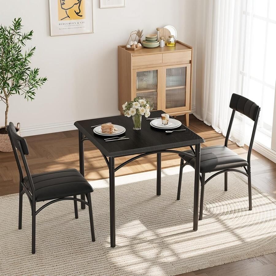 Corenia Eettafelset – Eettafel Met Stoelen – Dining Set – Keukentafel – Bistro Set – Zwarte MDF Tafel – Comfortabele Gestoffeerde Stoelen – Compact Ruimtebesparend Design