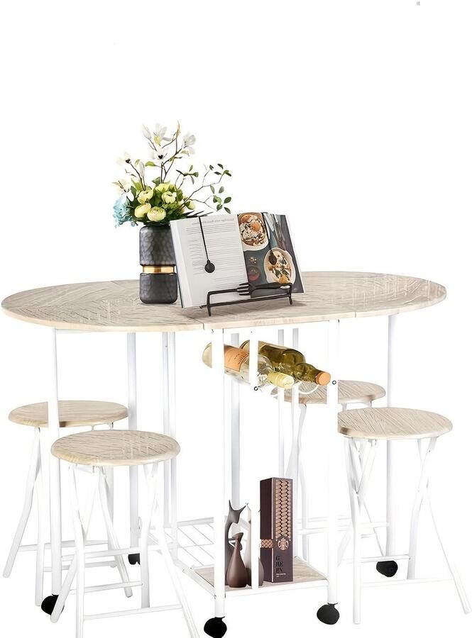 Corenia Eettafelset – Eettafel Meubelset – Eethoek – Keukentafelset – Zitgroep – Inklapbare Tafel Met Opbergruimte – Massief Hout & Metaal – Compact Rond Rechthoekig – Wit & Natuurlijke Houtkleur – Modern Design – Stevig & Ruimtebesparend