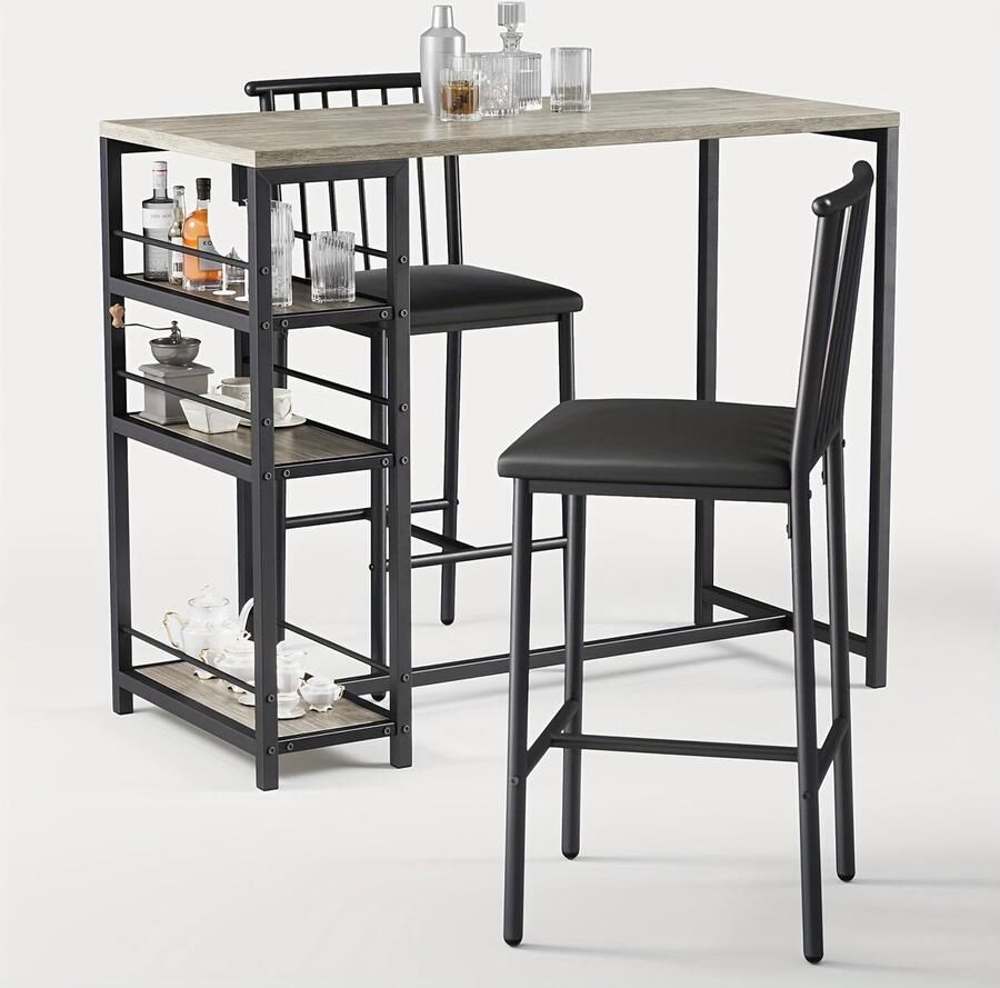 Corenia Eettafelset – Eettafel Set – Eetkamerset – Keukentafel Set – Bistroset – Compact Design – Stevige Hardhouten Constructie – Donkerbruin Zwart – Met Opbergrek – 3-delig met Gestoffeerde Stoelen