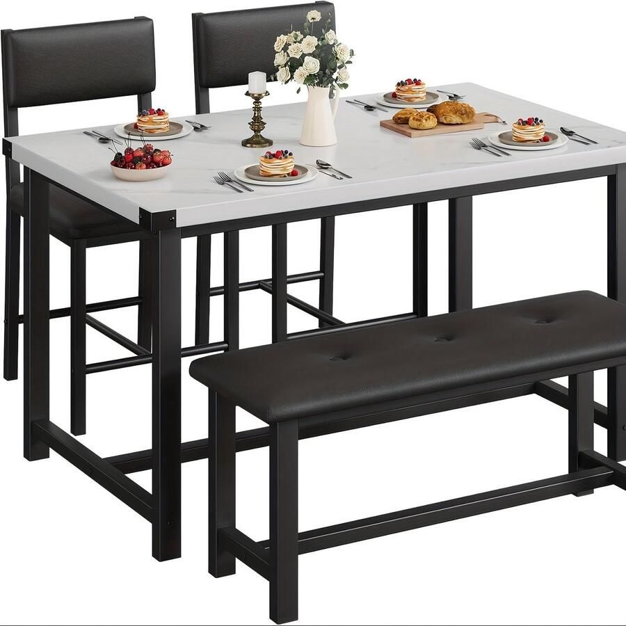 Corenia Eettafelset – Eettafel – Stoelenset – Bank – Tafel met Stoelen – Wit Kunstmarmer Blad – Compact 4-Zits – Duurzaam Houten Frame