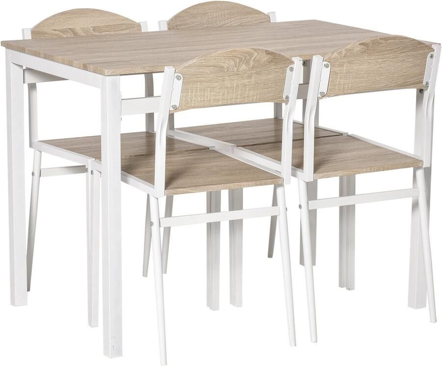 Corenia Eettafelset – Tafel en Stoelen – Eetkamerset – Keukentafelset – Compact 5-delig – Grijs-Wit – Ruimtebesparend – MDF Metalen Frame