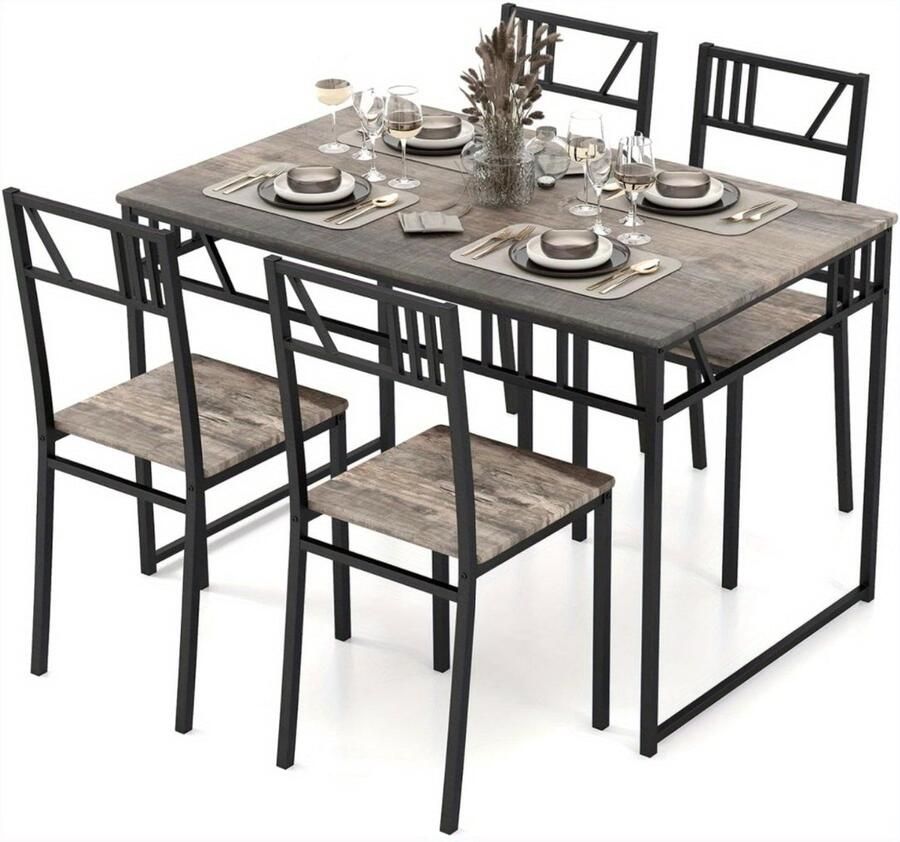 Corenia Eettafelset – Tafel en Stoelen – Eettafel – Keukentafel – Industrieel Meubel – Zwart – MDF Houtlook Tafelblad – Ergonomische Stoelen met Metalen Frame