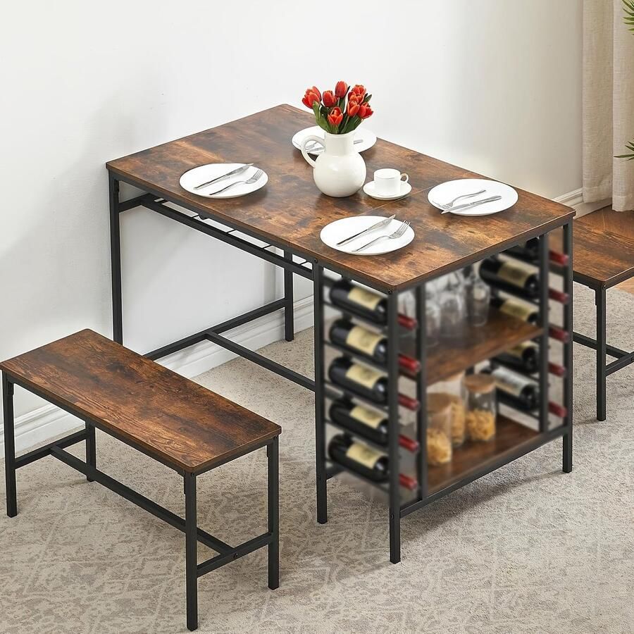 Corenia Eettafelset – Tafel Met Banken – Compacte Eetkamer Set – Keukentafel – Wijnrek – Hardhouten Rustiek Design – Ruimtebesparend Met Opbergruimte – Geschikt Voor 4 Personen
