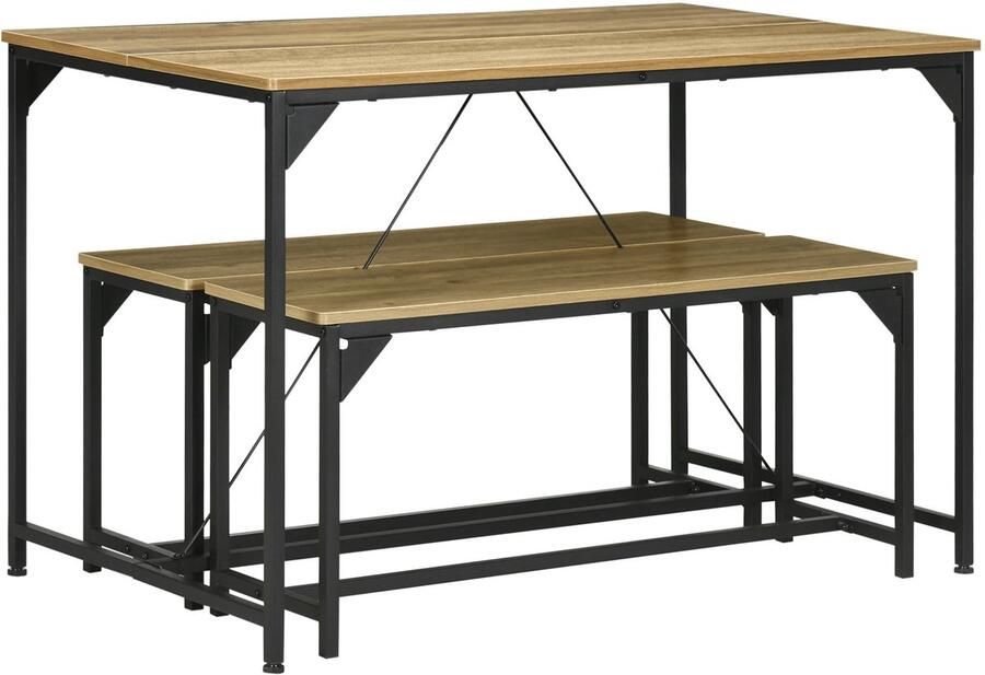 Corenia Eettafelset – Tafel met Banken – Eettafel Bank – Keukentafelset – Industriële Eetset – Vintage Stijl – Ruimtebesparend Ontwerp – Gehard Staal & Houtlook