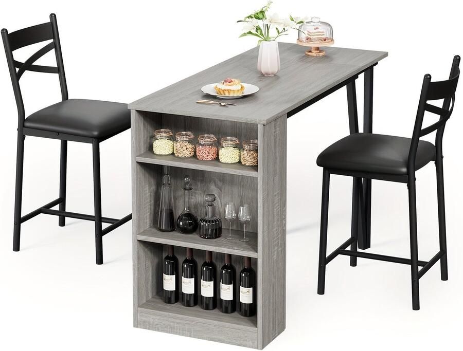 Corenia Eettafelset – Uitklapbare Tafel – Keukenstoel – Bartafel – Diningset – Compact Design – 3 Open Planken – Grijs