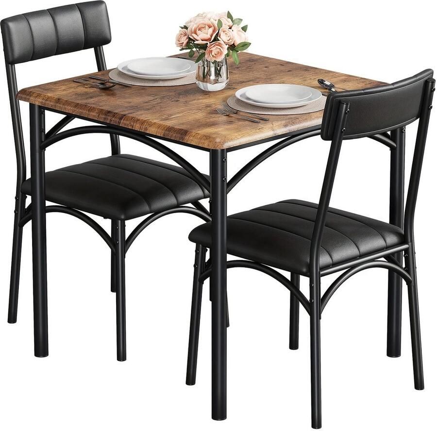 Corenia Eettafelset voor 2 Personen – Bistroset – Eettafel met Stoelen – Keukentafelset – Compacte Eettafel – Ruimtebesparend Ontwerp – Houten Tafelblad met Zwart Metalen Frame