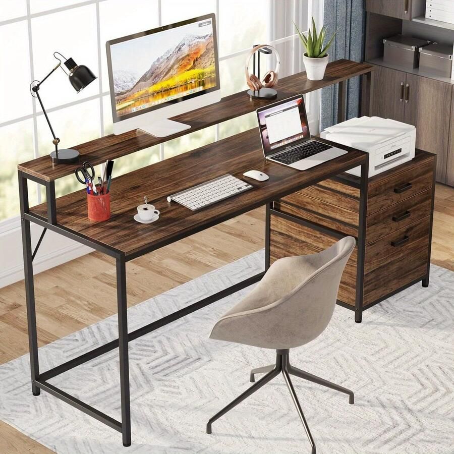 Corenia Ergonomisch Thuiswerkbureau – Bureau – Computerbureau – Werkplek – Schrijftafel – Rustic Brown – Met Monitorverhoger – 160 cm Breed – Stabiel Hout & Staal – 3 Lades en Ruime Opbergruimte