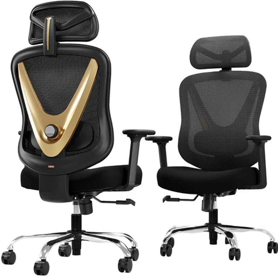 Corenia Ergonomische Bureaustoel – Bureaustoel Ergonomisch – Kantoorstoel Mesh – Werkstoel – Gamestoel – 4D Verstelbare Armleuningen – 3D Lendensteun Met Flexibele Hoofdsteun – Zwart Gouden Variant